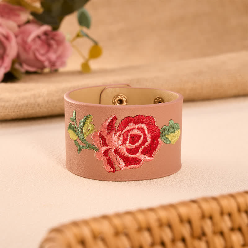 Buddha Stones Bracciale in pelle con fibbia di protezione larga e rose ricamate a rosa - Rosa antico (Circonferenza del polso: circa 5,9–7,1 pollici / 15–18 cm) - image 14