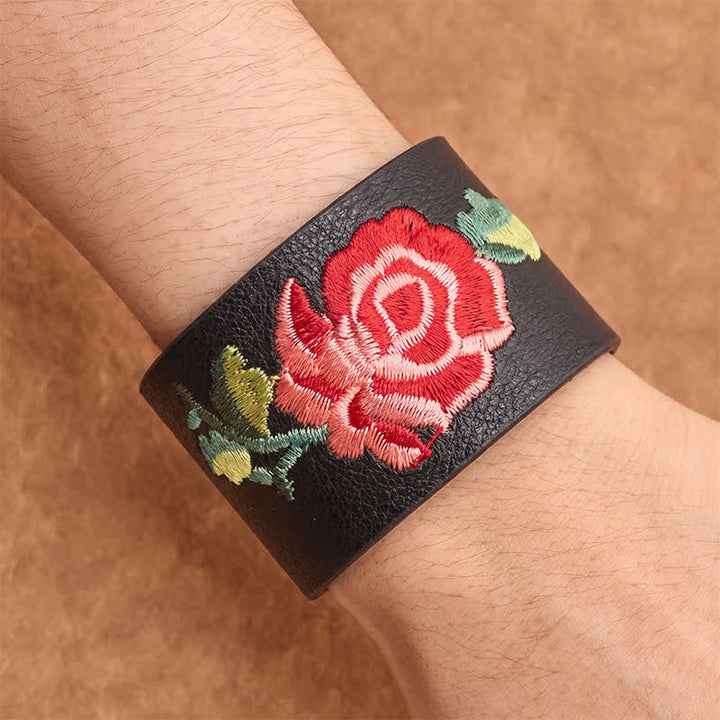 Buddha Stones Bracciale in pelle con fibbia di protezione larga e rose ricamate a rosa - image 4