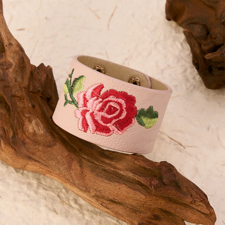 Buddha Stones Bracciale in pelle con fibbia di protezione larga e rose ricamate a rosa - image 10
