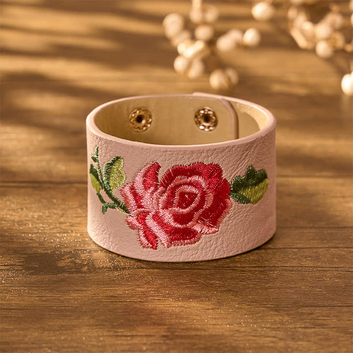 Buddha Stones Bracciale in pelle con fibbia di protezione larga e rose ricamate a rosa - image 8