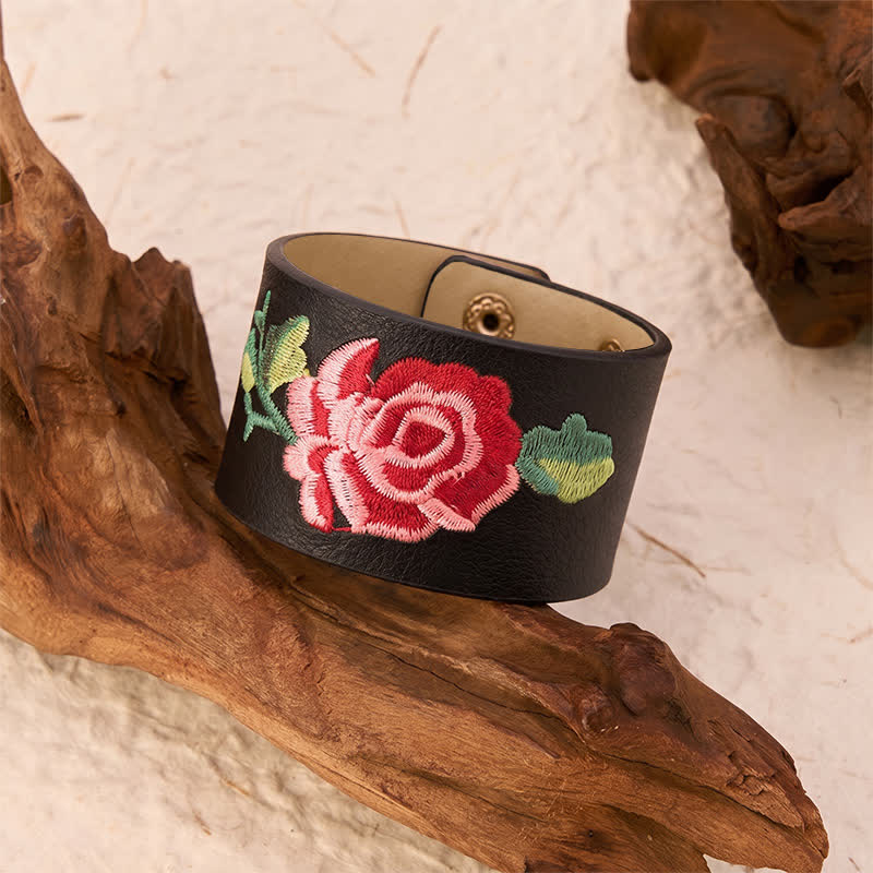 Buddha Stones Bracciale in pelle con fibbia di protezione larga e rose ricamate a rosa - image 3