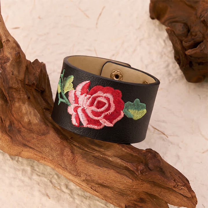 Buddha Stones Bracciale in pelle con fibbia di protezione larga e rose ricamate a rosa - image 3