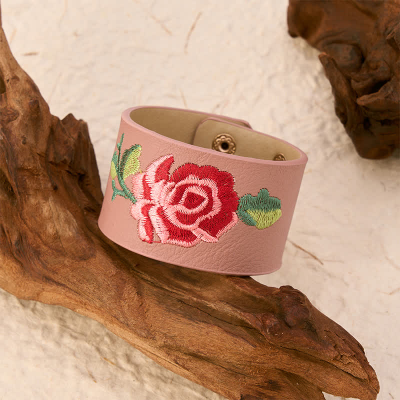 Buddha Stones Bracciale in pelle con fibbia di protezione larga e rose ricamate a rosa - image 17
