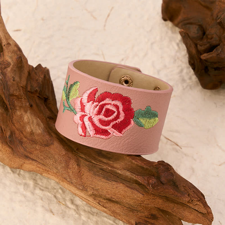 Buddha Stones Bracciale in pelle con fibbia di protezione larga e rose ricamate a rosa - image 17