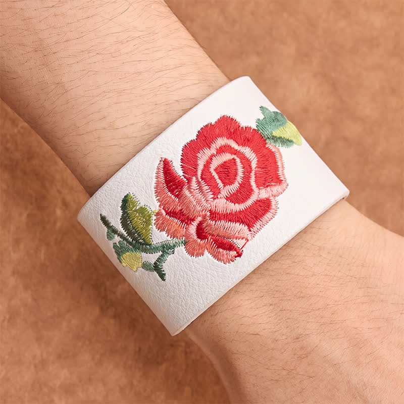 Buddha Stones Bracciale in pelle con fibbia di protezione larga e rose ricamate a rosa - image 25