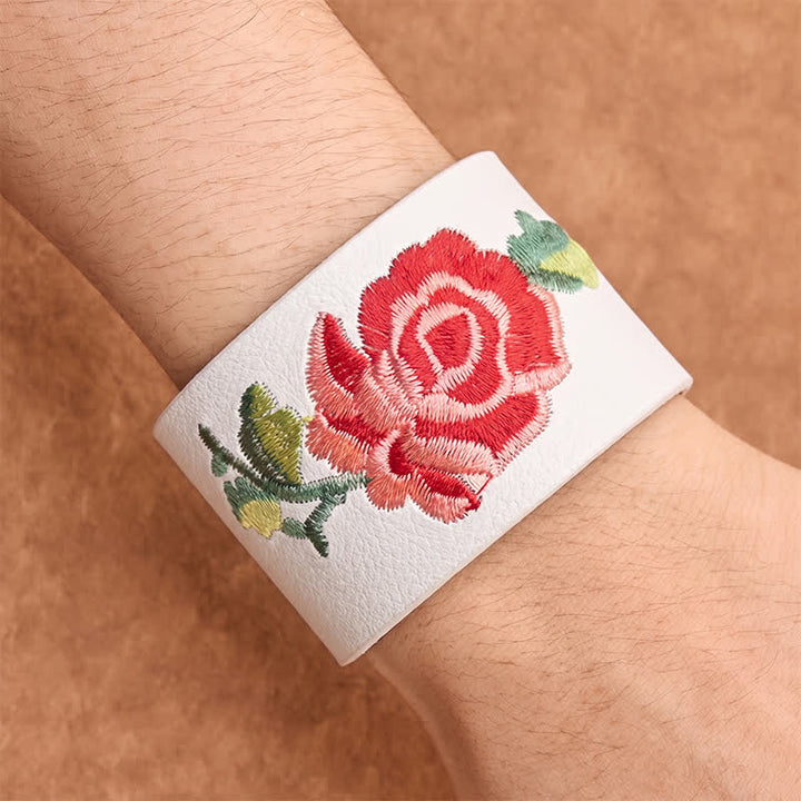 Buddha Stones Bracciale in pelle con fibbia di protezione larga e rose ricamate a rosa - image 25