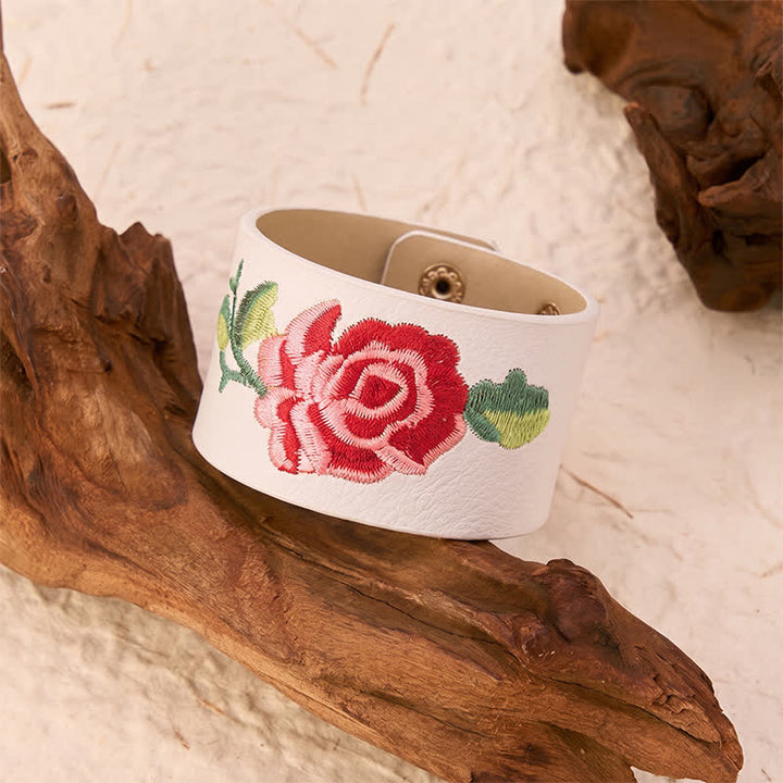 Buddha Stones Bracciale in pelle con fibbia di protezione larga e rose ricamate a rosa - image 24