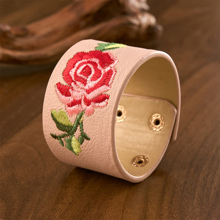Buddha Stones Bracciale in pelle con fibbia di protezione larga e rose ricamate a rosa - image 9