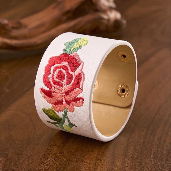 Buddha Stones Bracciale in pelle con fibbia di protezione larga e rose ricamate a rosa - image 23