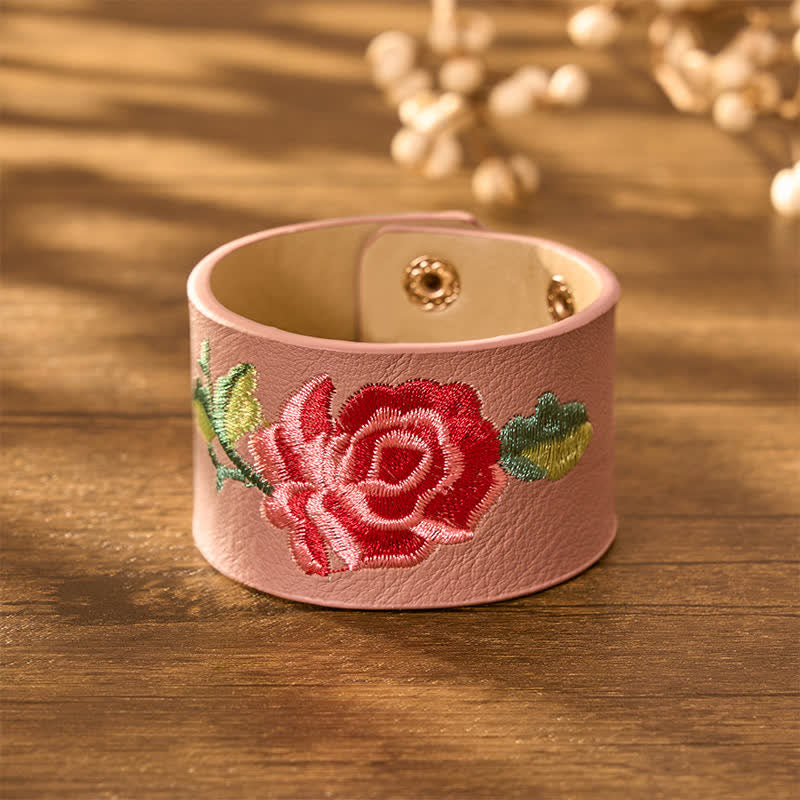 Buddha Stones Bracciale in pelle con fibbia di protezione larga e rose ricamate a rosa - image 15