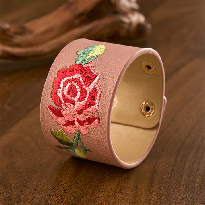 Buddha Stones Bracciale in pelle con fibbia di protezione larga e rose ricamate a rosa - image 16