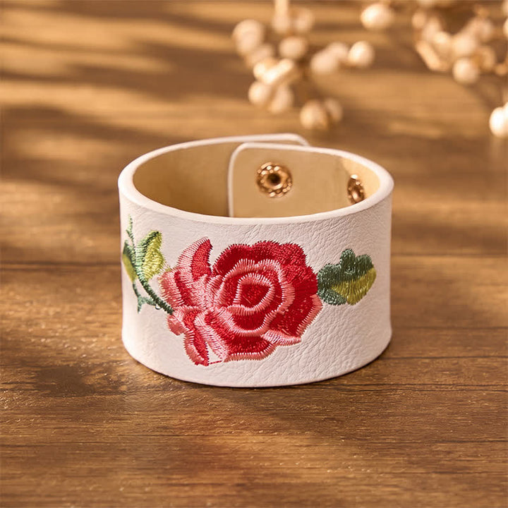 Buddha Stones Bracciale in pelle con fibbia di protezione larga e rose ricamate a rosa - image 22