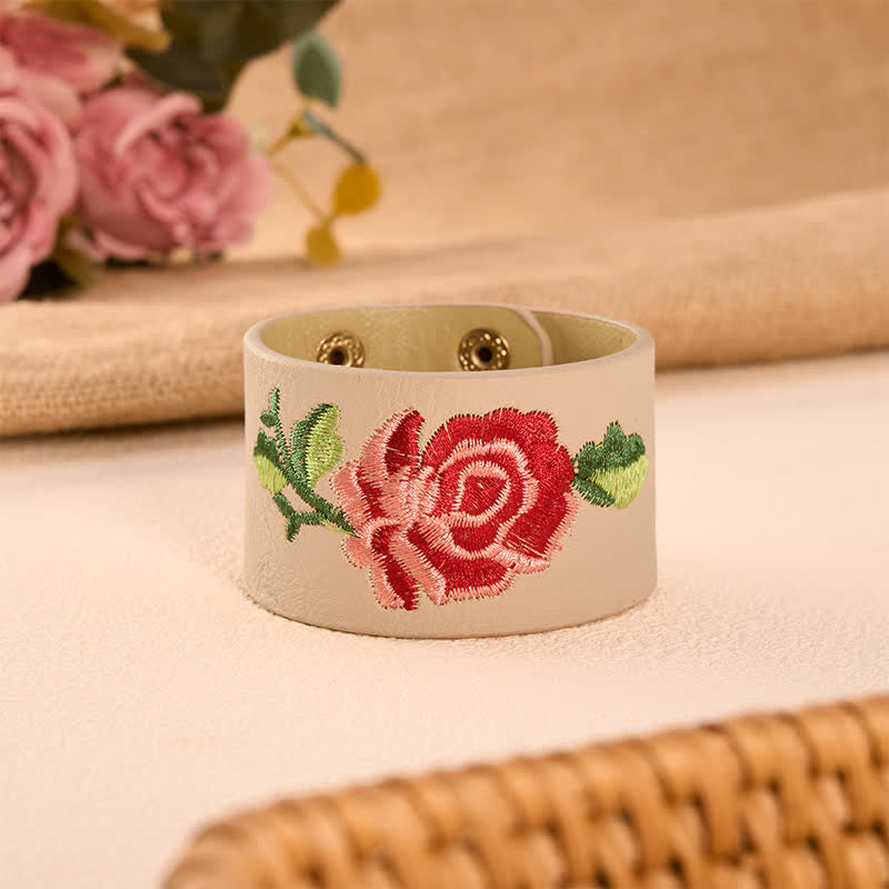 Buddha Stones Bracciale in pelle con fibbia di protezione larga e rose ricamate a rosa - Beige rosato (Circonferenza del polso: circa 5,9–7,1 pollici / 15–18 cm) - image 7