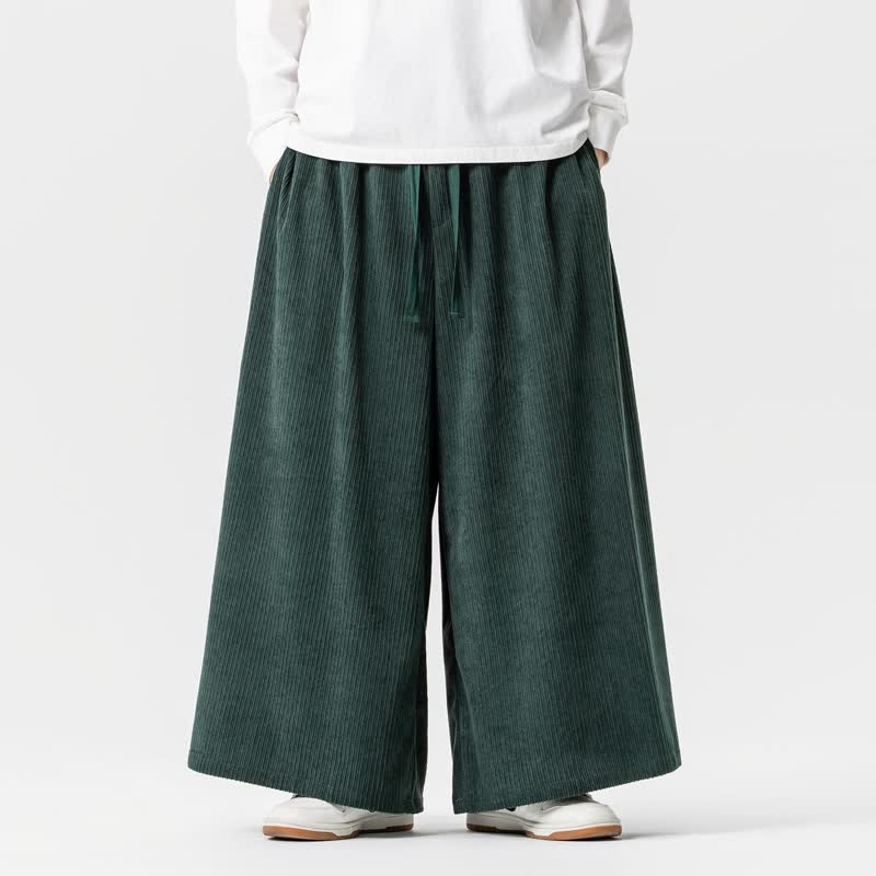 Buddha Stones Pantaloni da uomo a gamba larga con coulisse, classici, in velluto a coste tinta unita, ideali per autunno/inverno. - Verde scuro - US/UK/AU46, EU56 (5XL) - image 19