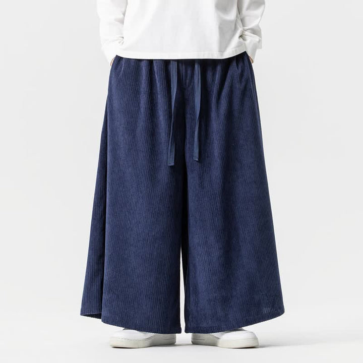 Buddha Stones Pantaloni da uomo a gamba larga con coulisse, classici, in velluto a coste tinta unita, ideali per autunno/inverno. - Blu notte - US/UK/AU46, EU56 (5XL) - image 0