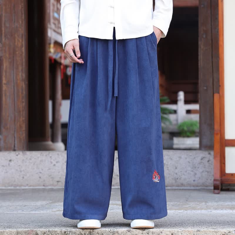 Buddha Stones Pantaloni lunghi da uomo a gamba dritta, stile vintage, con coulisse, ricami, tinta unita, per autunno/inverno, con tasche. - SteelBlue - US/UK/AU46, EU56 (5XL) - image 6