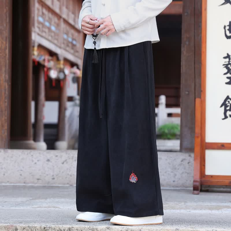 Buddha Stones Pantaloni lunghi da uomo a gamba dritta, stile vintage, con coulisse, ricami, tinta unita, per autunno/inverno, con tasche. - Nero - US/UK/AU46, EU56 (5XL) - image 11