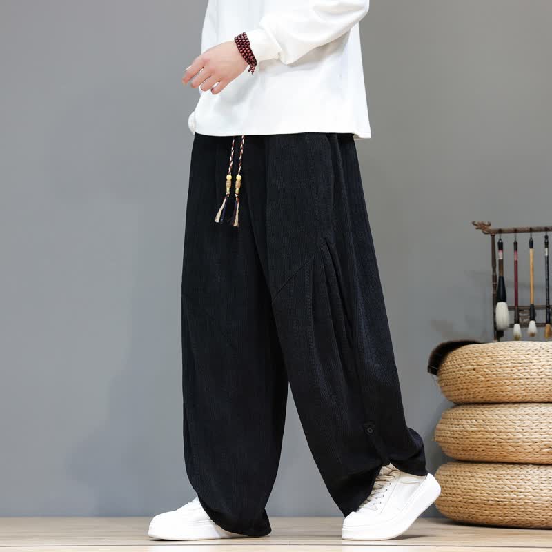 Buddha Stones Pantaloni lunghi da uomo in velluto a coste, stile boho, con coulisse, per autunno/inverno, modello harem con tasche. - Nero - US/UK/AU46, EU56 (5XL) - image 13