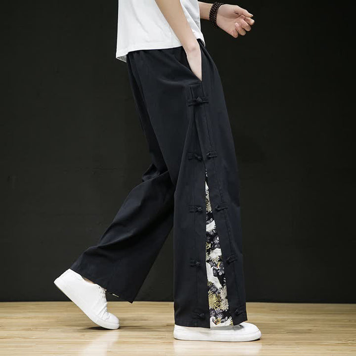 Buddha Stones Pantaloni lunghi da uomo a gamba dritta con spacchi laterali, stile Tang Crane, per primavera/estate, casual, modello dritti, con tasche. - Nero - US/UK/AU46, EU56 (5XL) - image 0