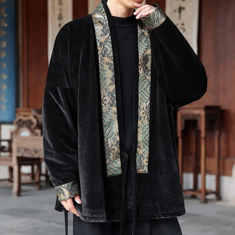 Buddha Stones Kimono da uomo stile Tang vintage con coulisse e finiture ondulate, per autunno/inverno. - image 3