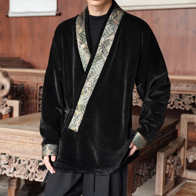 Buddha Stones Kimono da uomo stile Tang vintage con coulisse e finiture ondulate, per autunno/inverno. - image 4