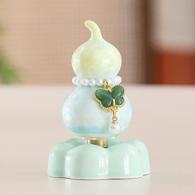 Buddha Stones Zucca a forma di farfalla in ceramica girevole, decorazione per uno stile di vita consapevole. - Zucca gialla + Farfalla verde scuro + Base verde - image 13