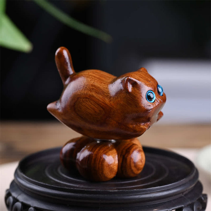 Buddha Stones Tazza da tè girevole in legno di sandalo per gattini, piccola, per meditazione, decorazione con animali carini - Base piccola color cuoio, dimensioni approssimative: 6*4,3*5,8 cm - image 4