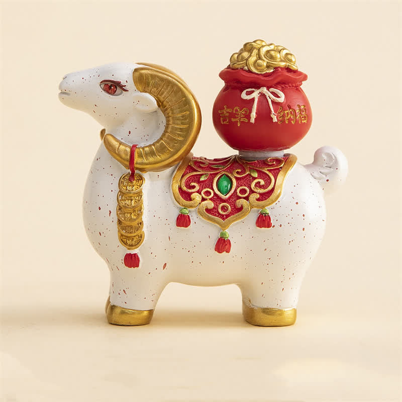 Buddha Stones Capra o pecora zodiacale in resina con sacchetto portafortuna, graziosa decorazione a forma di animale - Pecora di buon auspicio - Bianca - image 16