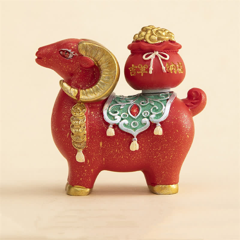 Buddha Stones Capra o pecora zodiacale in resina con sacchetto portafortuna, graziosa decorazione a forma di animale - Pecora di buon auspicio - Rossa - image 7