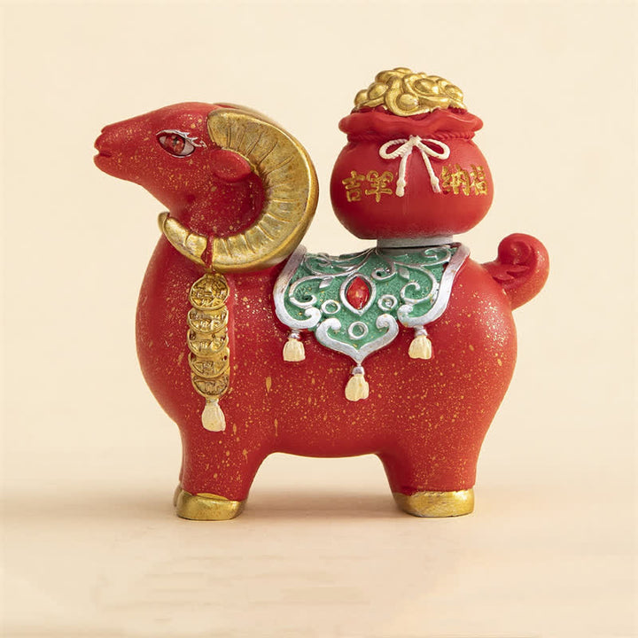 Buddha Stones Capra o pecora zodiacale in resina con sacchetto portafortuna, graziosa decorazione a forma di animale - Pecora di buon auspicio - Rossa - image 7