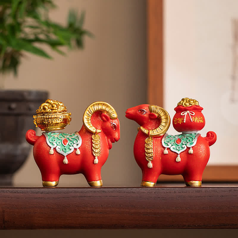 Buddha Stones Capra o pecora zodiacale in resina con sacchetto portafortuna, graziosa decorazione a forma di animale - image 0