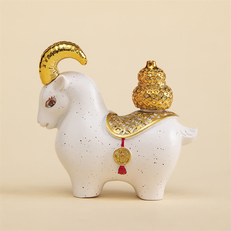 Buddha Stones Lingotto di resina a forma di zucca portafortuna con segno zodiacale di capra e pecora, decorazione da scrivania a forma di animale carino. - Zucca bianca di capra - image 16