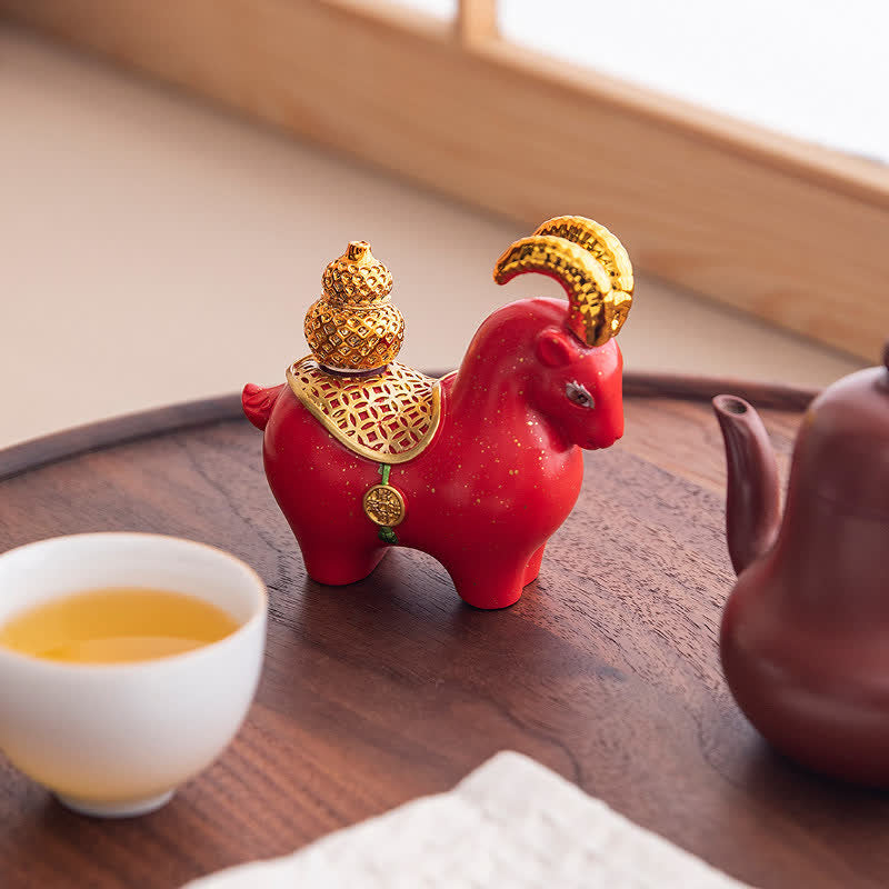 Buddha Stones Lingotto di resina a forma di zucca portafortuna con segno zodiacale di capra e pecora, decorazione da scrivania a forma di animale carino. - image 11