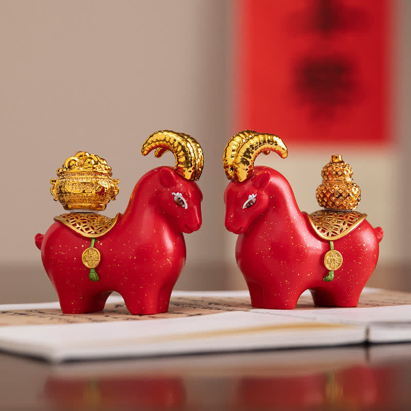 Buddha Stones Lingotto di resina a forma di zucca portafortuna con segno zodiacale di capra e pecora, decorazione da scrivania a forma di animale carino. - image 0