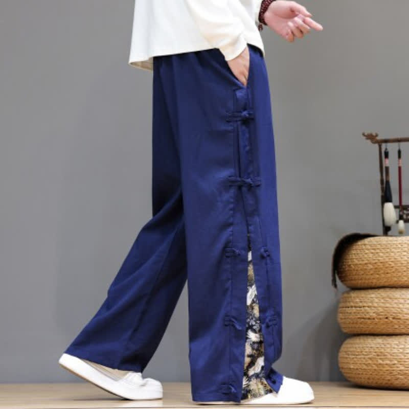 Buddha Stones Pantaloni lunghi da uomo a gamba dritta con spacchi laterali, stile Tang Crane, per primavera/estate, casual, modello dritti, con tasche. - Blu mezzanotte - US/UK/AU46, EU56 (5XL) - image 12