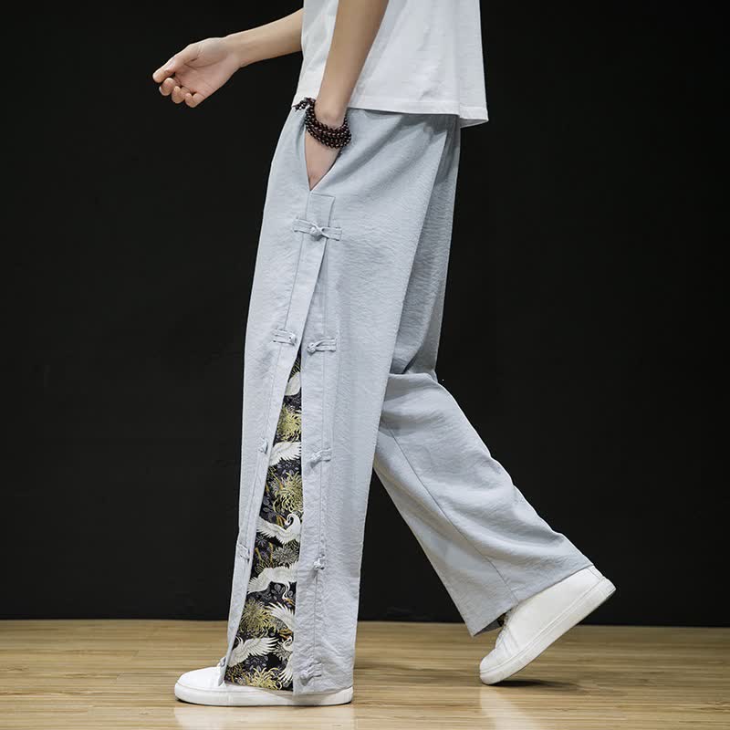 Buddha Stones Pantaloni lunghi da uomo a gamba dritta con spacchi laterali, stile Tang Crane, per primavera/estate, casual, modello dritti, con tasche. - image 23