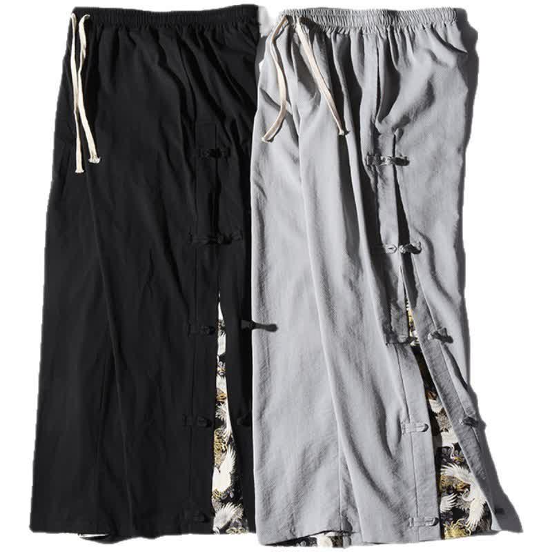 Buddha Stones Pantaloni lunghi da uomo a gamba dritta con spacchi laterali, stile Tang Crane, per primavera/estate, casual, modello dritti, con tasche. - image 35
