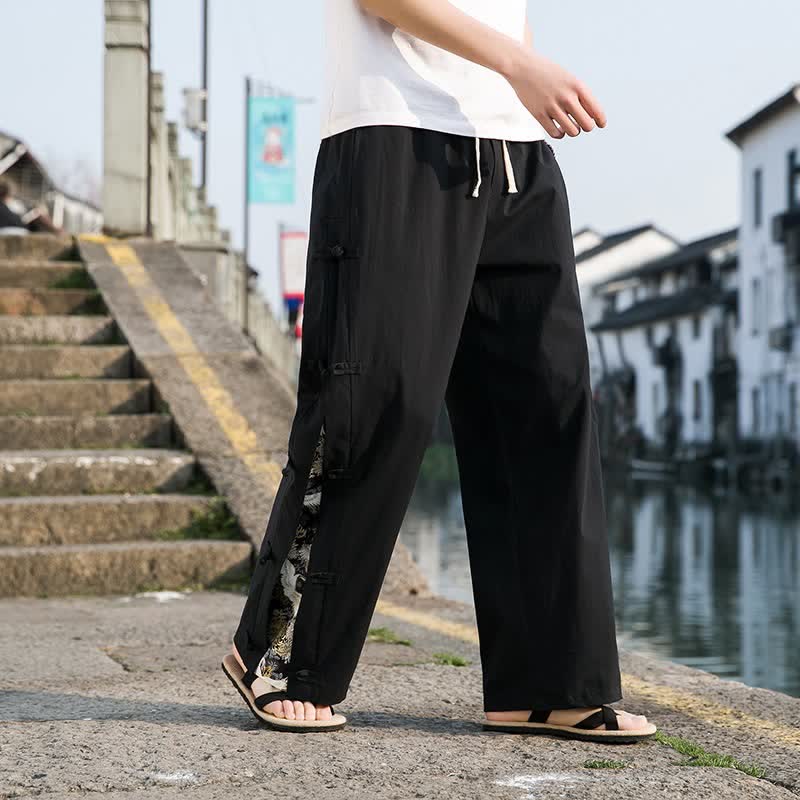 Buddha Stones Pantaloni lunghi da uomo a gamba dritta con spacchi laterali, stile Tang Crane, per primavera/estate, casual, modello dritti, con tasche. - image 1