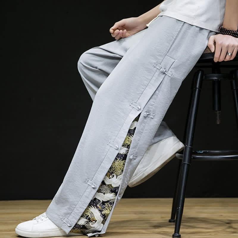Buddha Stones Pantaloni lunghi da uomo a gamba dritta con spacchi laterali, stile Tang Crane, per primavera/estate, casual, modello dritti, con tasche. - image 25