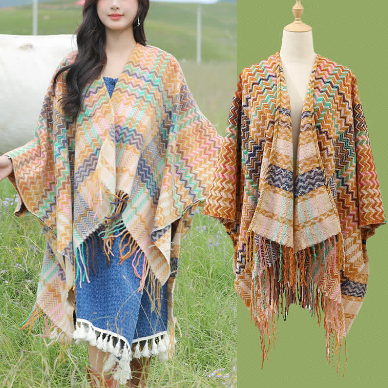 Buddha Stones Sciarpa da donna stile boho con righe ondulate e nappe, per autunno/inverno. - image 22