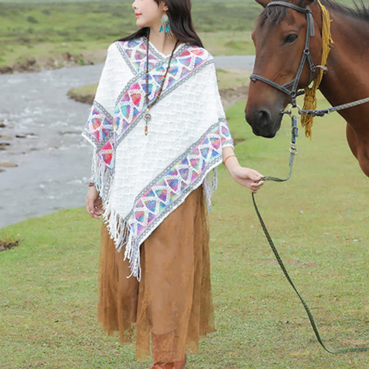 Buddha Stones Sciarpa da donna in maglia con frange geometriche e orlo a V, stile boho, per primavera/autunno. - image 12