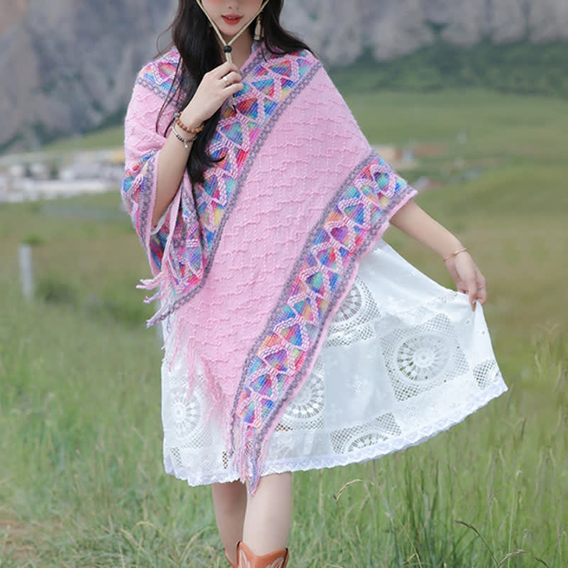 Buddha Stones Sciarpa da donna in maglia con frange geometriche e orlo a V, stile boho, per primavera/autunno. - image 29