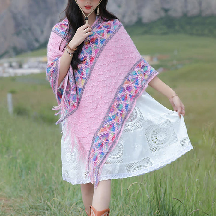 Buddha Stones Sciarpa da donna in maglia con frange geometriche e orlo a V, stile boho, per primavera/autunno. - image 29