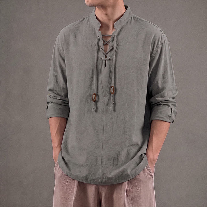 Buddha Stones Camicie da uomo a maniche lunghe, tinta unita, con coulisse, per primavera/autunno, casual e casual, con colletto alla coreana. - image 19