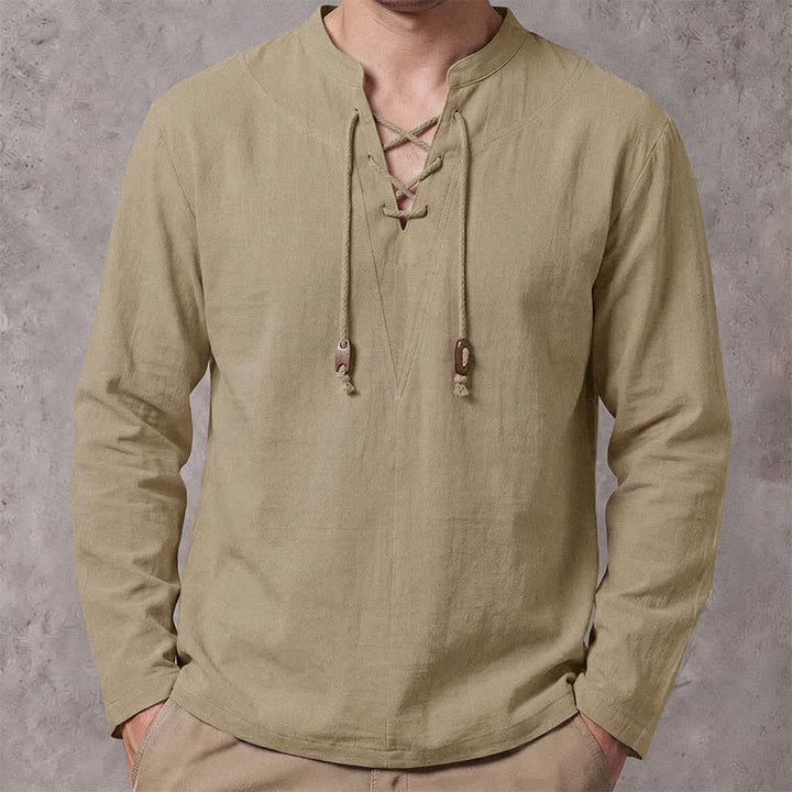 Buddha Stones Camicie da uomo a maniche lunghe, tinta unita, con coulisse, per primavera/autunno, casual e casual, con colletto alla coreana. - Tan - US/UK/AU42, EU52 (3XL) - image 9