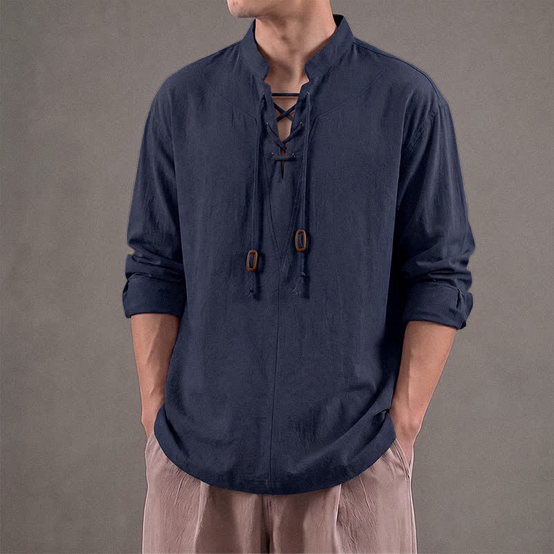 Buddha Stones Camicie da uomo a maniche lunghe, tinta unita, con coulisse, per primavera/autunno, casual e casual, con colletto alla coreana. - image 1