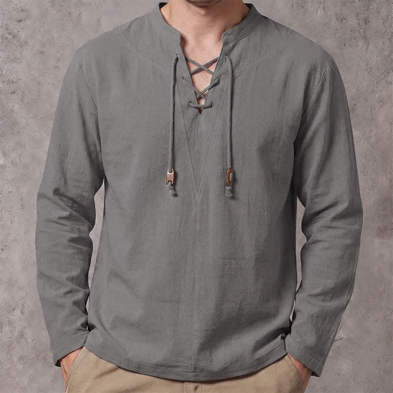 Buddha Stones Camicie da uomo a maniche lunghe, tinta unita, con coulisse, per primavera/autunno, casual e casual, con colletto alla coreana. - Grigio - US/UK/AU42, EU52 (3XL) - image 18