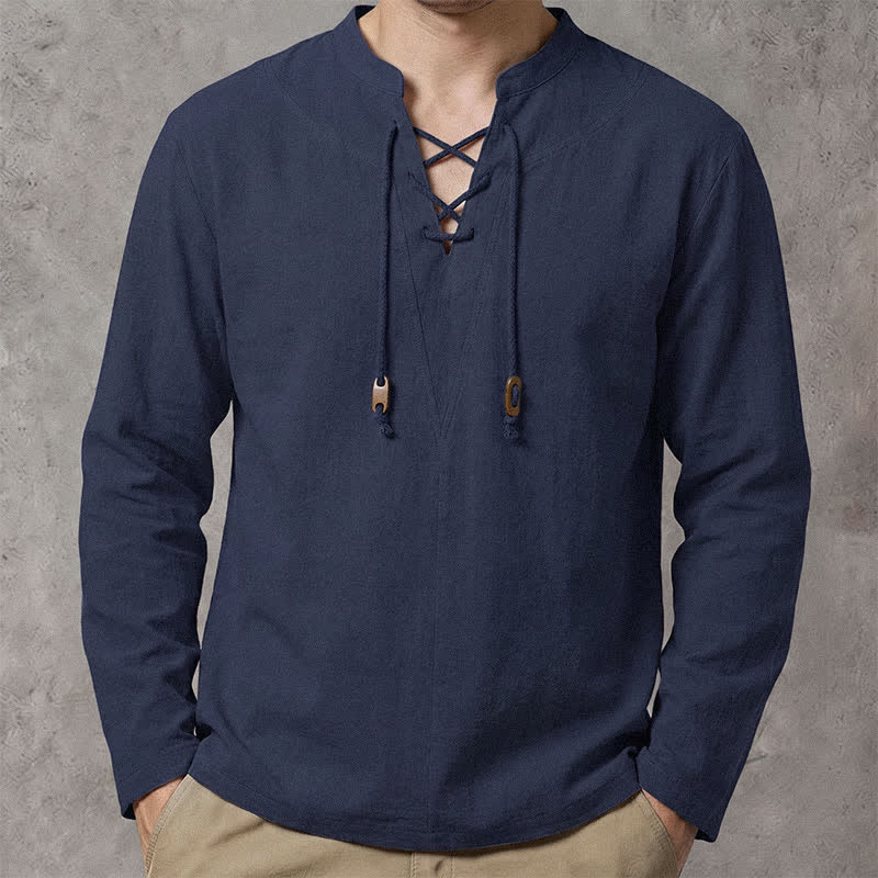 Buddha Stones Camicie da uomo a maniche lunghe, tinta unita, con coulisse, per primavera/autunno, casual e casual, con colletto alla coreana. - Marina - US/UK/AU42, EU52 (3XL) - image 0