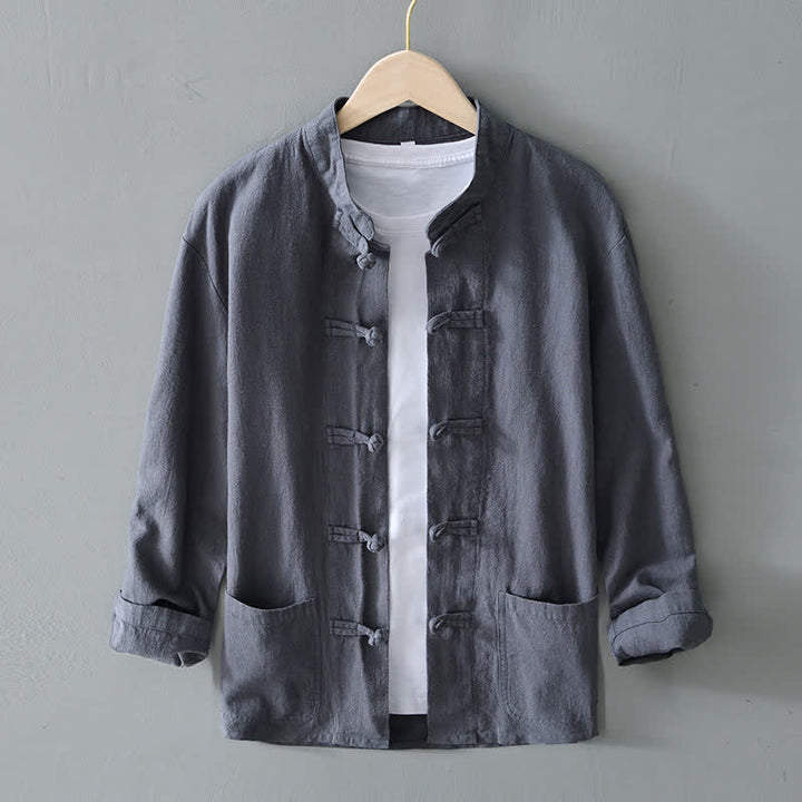 Abito cinese Tang con bottoni a forma di rana e motivo Buddha Stones, camicia da uomo in cotone e lino con tasche. - Grigio - US/UK/AU50, EU60 (5XL) - image 0