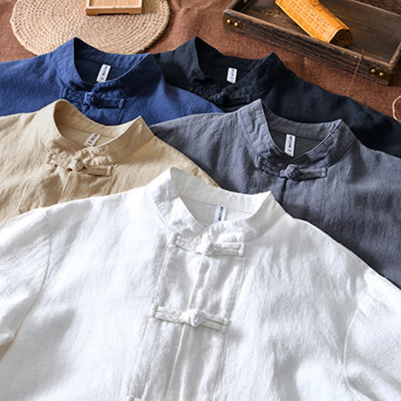 Abito cinese Tang con bottoni a forma di rana e motivo Buddha Stones, camicia da uomo in cotone e lino con tasche. - image 32
